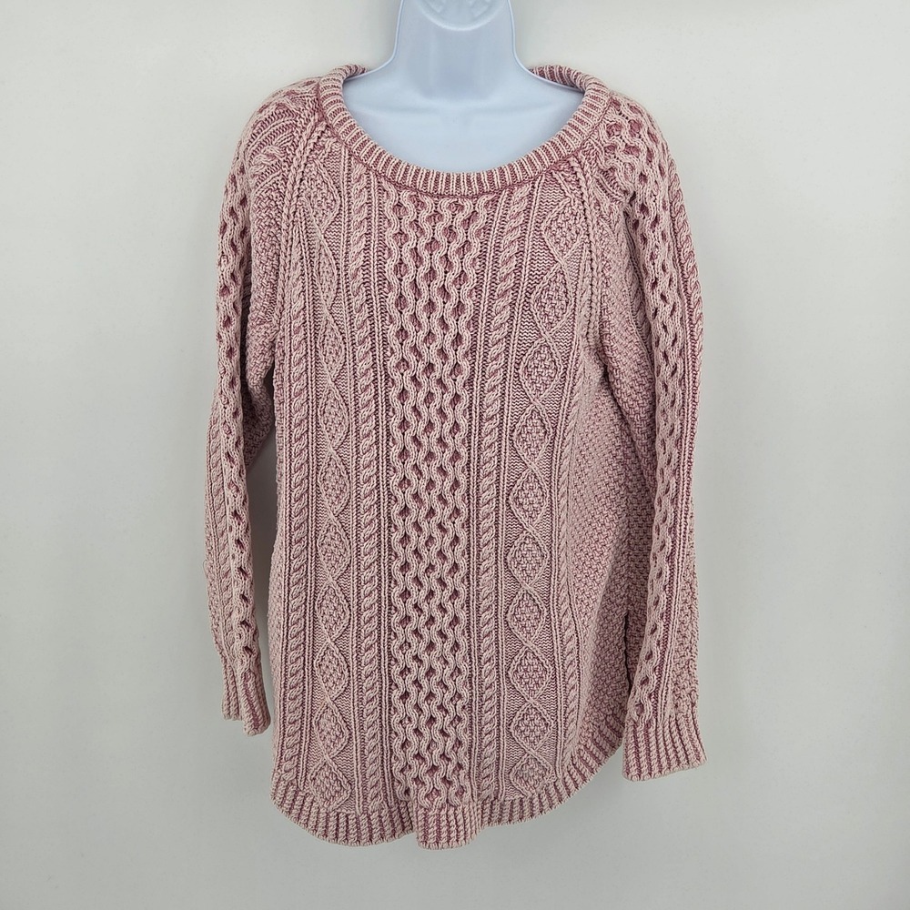 LL Bean Signature Womens Large Cable Knit Fisherman Sweater Washed Pink 297471‎